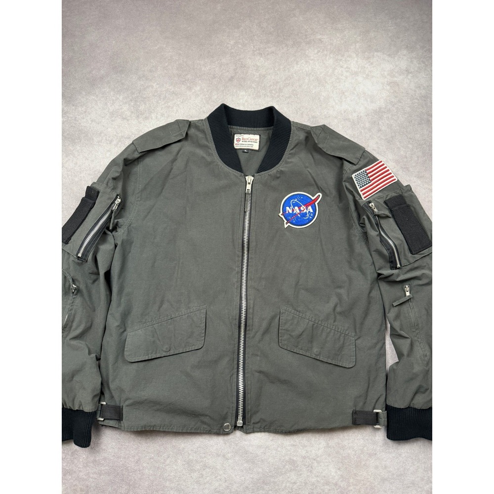 Red Canoe NASA Flight Jacket Mens XL Gray Bomber Military Utility Patch Space